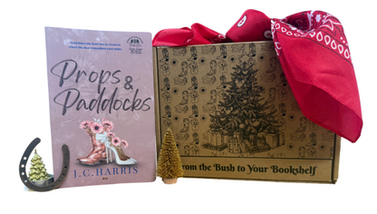 https://happyharrispublishing.com/ Box with a red bandana, book, and small Christmas tree ornament on a white background